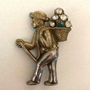 Vintage Louis C. Mark Rice Style Brooch - Walking Man With Basket of Rhinestones